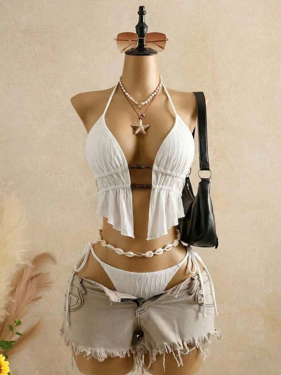 Bellisia Top de bikini de mujer de punto texturizado marrón con cuentas y piedras - Blanco - Ver 1