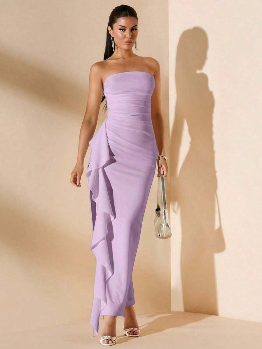 Vestido de dama de honor de boda de verano, vestido largo blanco con pliegues, abertura alta, volantes y tiras para fiesta, sin mangas y sin tirantes, sexy - Púrpura malva - Ver 1