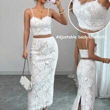 2pcs/Set Women Lace Solid Color Spaghetti Strap Lace Trim Patchwork Open Back Slit Holiday Party Elegant Glamourous Sexy Bohemian Style Vacation Summer Sleeveless Top & Skirt Set - Blanco - Ver 1