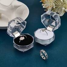 Transparent Plastic Jewelry Storage Box - Octagonal Crystal-Like Design, Ring & Earring Organizer, Suitable For Proposal, Anniversary - Black - View 7