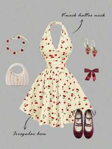 Vestido de fiesta elegante de mujer con estampado de cerezas, escote halter, espalda descubierta y cintura fruncida - Amarillo claro - Ver 2