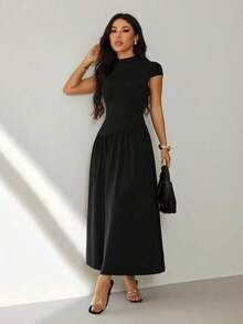 Vestido casual largo plisado de manga abullonada y cuello alto en unicolor para mujer, de verano - Negro - Ver 4