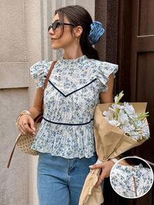 Blusa de mujer con cuello con volantes, mangas cortas y cintura con lazo, con estampado floral ditsy para vacaciones - Multicolor 2 - Ver 1