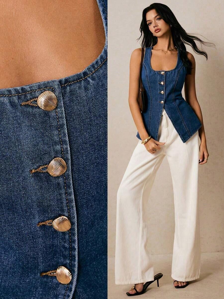 Blusa de mezclilla informal sin mangas de cuello cuadrado y abotonadura sencilla para mujer - Azul lavado oscuro - Ver 1