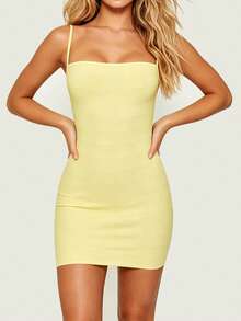 Women's Knit Mini Dress Solid Color Spaghetti Strap Sleeveless Bodycon Cami Dress - 淺黃色 - 查看 1
