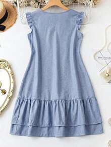 Vestido casual de color liso con mangas cortas para mujer, casual - Celeste - Ver 2