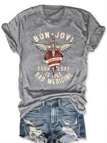 BON JOVI Band Printed Spring/Summer Casual Short-Sleeved Crew Neck T-Shirt, Relaxed Fit True To Color Casual Women's Wear Fashion Simple Oversized - 灰色 - 查看 8