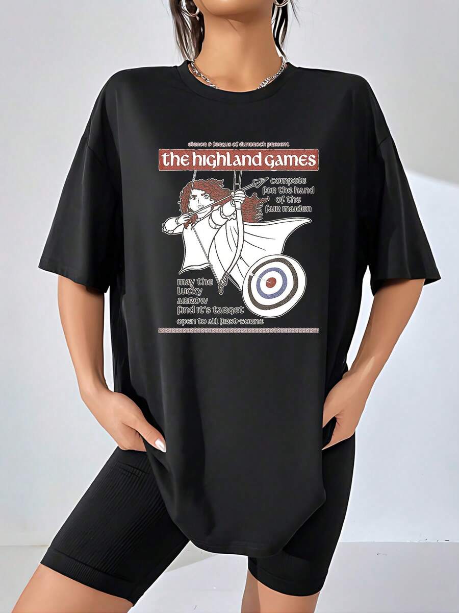 Illustration Of A Brave Female Archer Inspired By Highland Games, Representing Strength, Precision, And Inner Freedom. Women's Short-Sleeved T-Shirt, Comfortable, Casual, And Stylish For Everyday Wear. - 黑色 - 查看 1
