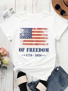 1 Piece Women's Crew Neck T-Shirt With American Flag Of Liberty 1776-2026 Print, Short Sleeve, Casual Style For Independence Day Celebration, 180g 100% Cotton - 白色 - 查看 3