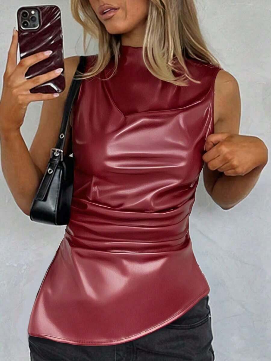 Camiseta ajustada con pliegues y estampado a cuadros para mujer, adecuada para uso diario, trabajo y viajes en verano - Burdeos - Ver 1