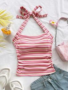 Parte superior corta ajustada con cuello de halter casual para vacaciones de mujer, verano de mujer, sin espalda, ropa de vacaciones de mujer, lunares, primavera de mujer, verano, parte superior para salir de mujer, vacaciones de mujer - Rosa - Ver 3