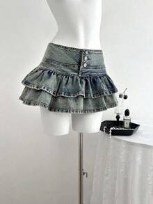 Falda de mezclilla de moda para mujer con diseño de cintura con botones y dobladillo con doble volante - Azul - Ver 7