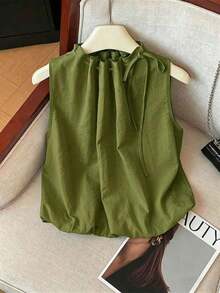 Blusa blanca elegante sin mangas, de cintura elástica y cuello suelto con cordón, de tejido texturizado, para mujer, para primavera/verano.Blusas y tops para mujer de cuello cerrado, blusas casuales y modernas para el verano - Verde - Ver 1