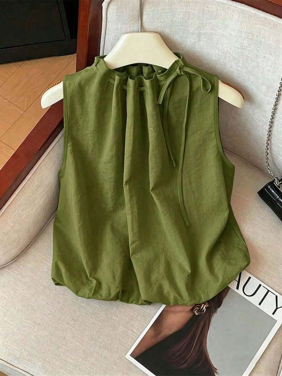 Blusa blanca elegante sin mangas, de cintura elástica y cuello suelto con cordón, de tejido texturizado, para mujer, para primavera/verano.Blusas y tops para mujer de cuello cerrado, blusas casuales y modernas para el verano - Verde - Ver 1
