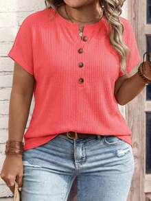 Camiseta de manga corta con botones talla grande - Rojo 2 - Ver 5