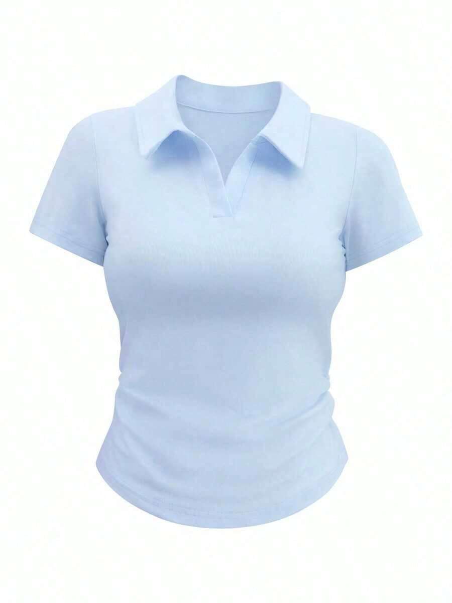 Camiseta de manga corta minimalista de unicolor para mujer, uso casual de todos los días - Celeste - Ver 1