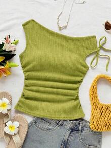 Blusa de punto con textura de burbujas de color albaricoque, cuello asimétrico con lazo en la cintura, ajuste ceñido, adecuada para fiesta, cita, paseo por la ciudad, viaje por carretera, playa de verano - Amarillo claro - Ver 4