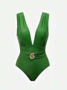 Swim Oasis Conjunto elegante de retro con estampado en espiral de un solo pieza de traje de baño coordinado con pantalón de pierna ancha, conjunto de vacaciones elegante para mujeres - Multicolor - Ver 6