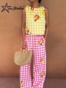 Starfisch glänzende Boho-Stil Damen Casual Trägertop - Patchwork Karomuster & Mango Digital Muster 2-teiliges Set, geeignet für Frühling/Sommer Urlaub Elegant - Verschiedenfarbig - Übersicht 5