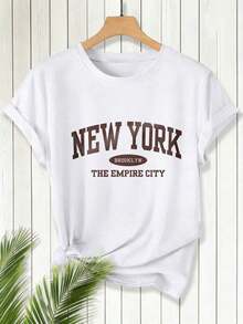 Camiseta de manga corta para mujer, estampada con letras, holgada, informal, para uso diario, versátil y a la moda.Camiseta con estampado gráfico, camiseta de vacaciones para el verano - Blanco - Ver 2