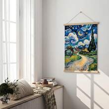Tranh phong cảnh đêm đầy sao theo phong cách Van Gogh, tranh in trên vải bố, tranh tường nghệ thuật nông thôn, tranh trang trí nhà cửa cho phòng khách, phòng ngủ, văn phòng, không khung/có khung/móc treo bằng gỗ. - mẫu - Xem 3