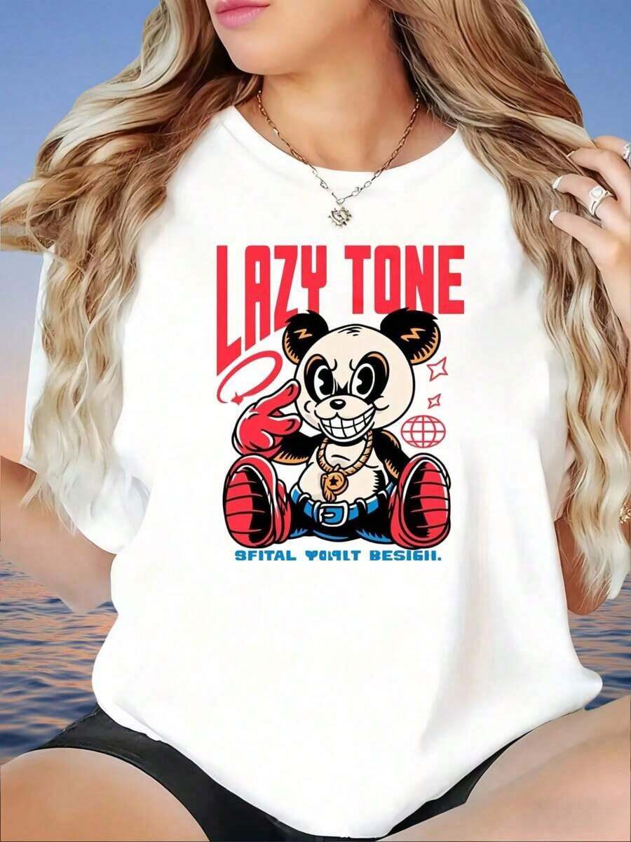 Camiseta con Estampado de Panda Lazy Tone para Mujer, Top Casual de Talla Grande, Camiseta de Moda Urbana, Camiseta Básica Blanca de Verano, Camiseta para Mujer, Adecuada para primavera, verano y otoño. - Blanco - Ver 1