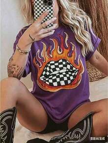 Western Style Plaid Lip Print T-Shirt, Oversized Graphic Tee For Country Concerts, Western Clothing, Retro Country T-Shirt, Funny Graphic Tees For Men And Women, Casual Crew Neck Loose Fit T-Shirts, Casual Short Sleeve T-Shirts For Men And Women. - 紫色 - 查看 3