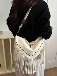 Túi đeo chéo da cổ điển, túi đeo vai phong cách Bohemian, túi đeo chéo trang trí đinh tán vuông, túi đeo chéo thường ngày phù hợp cho du lịch và sử dụng hàng ngày, túi đeo chéo công sở di động có tua rua - trắng - Xem 7