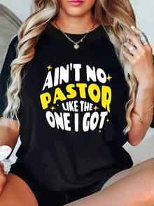 Elegante Camiseta Diaria para Mujer con Estampado "Ningún Pastor Es Mejor Que Yo" - Negra con letras amarillas y blancas, de manga corta y cuello redondo, lavable a máquina, corte regular, adecuada para todas las estaciones, ideal para actividades religiosas y uso diario, ropa con temática de fe, una excelente opción para regalos navideños, camiseta de moda chic. - Negro - Ver 1