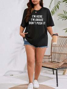 1 Pieza de Camiseta Casual de Moda para Hombres y Mujeres, Talla Grande, con Estampado de Lema: "ESTOY AQUÍ, ESTOY DESPIERTO, NO LO EMPUJES", Camiseta Gráfica, Top de Verano para Mujer, Versátil, Fácil de Combinar, Uso Diario, Estilo Urbano, Atuendo para Vacaciones, Atuendo para Fin de Semana. - Negro - Ver 3