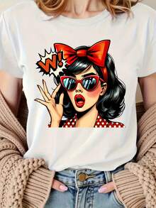 Camiseta Oversize de Cuello Redondo para Mujer - Estampado de Mujer Pop Art con Lazo y Gafas de Moda, Blusa Casual de Manga Corta y Ajuste Holgado, Lavable a Máquina y No Transparente - Negro - Ver 6