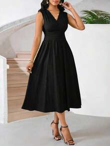 Vestido veraniego sin mangas de mediana longitud para mujer, de tela tejida con textura en color verde - Negro - Ver 4