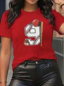 Women's Pure Cotton Printed T-Shirt, Women's Pure Cotton Printed T-Shirt, Number Nine With Red Cap, Glove, Ball, And Bat Symbolizing The Passion For Baseball And Sports Energy, Women's 100% Cotton Casual Comfortable T-Shirts For Everyday Wear - 紅色的 - 查看 9