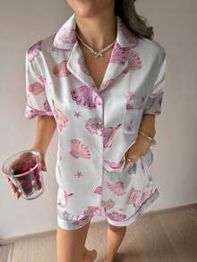 2pcs/Set Summer Pink Shell Pattern Lapel Short Sleeve Top And Shorts Women Pajama Set, Nautical Style, Vacation Style - White - View 2