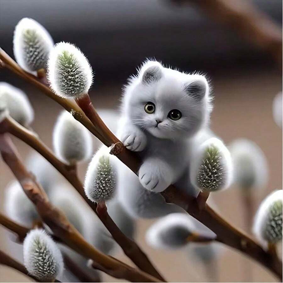 新款5D DIY钻石画套装 - 白色小猫与柳树，亚克力钻石艺术马赛克工艺品，客厅、卧室家居装饰，送给妈妈的礼物，无框