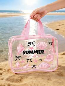 「Summer」字母印花 PVC 防水海灘包（附貝殼與海星）| 透明 PVC 托特包 | 洗漱包 | 化妝包 | 手提包 | 旅行必需品 | 適合夏季海灘度假與休閒假期 | 便攜式旅行化妝包 | 收納包 | 適合度假、浴室、海灘、游泳和旅行場景 | 生日禮物、節日禮物、派對禮物、開學季和節日必需品 - 彩色 - 查看 5