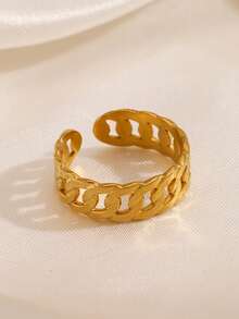 1pc Stainless Steel 18K Gold Plated Minimalist Chain Design Open Ring, Suitable For Women's Daily, Party, Holiday Gift - Gold - View 3