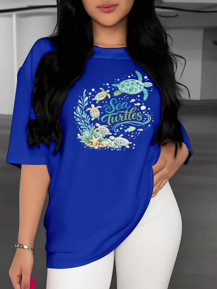 Short-Sleeved T-Shirt With A Classic Underwater "Turtle" Print, Turtle Colony Design, Women's Spring/Summer Top, Women's Summer Clothing, Round Neck T-Shirt For Spring/Summer, Suitable For College Life, As A Basic Layering Piece, And For Everyday Wear. A Hit. - 藍色 - 查看 1