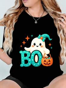 Camiseta de mujer, estampada con fantasmas de Halloween, Boo, cesta de calabaza y estrellas, camiseta negra, lavable a máquina, unisex, transpirable y cómoda, un excelente regalo para aniversarios y días festivos. Camisetas gráficas de verano para mujer, camiseta casual estampada de manga corta y cuello redondo, moda urbana local de primavera/verano. - Negro - Ver 7