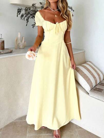 PoPoHouse Women's Elegant Dress, Solid Color Bohemian Vacation Style, Low Neckline Off-Shoulder Design, Backside Tie Detail, Creates Casual Loose Beach Dress Look, Suitable For Spring/Summer And Various Occasions