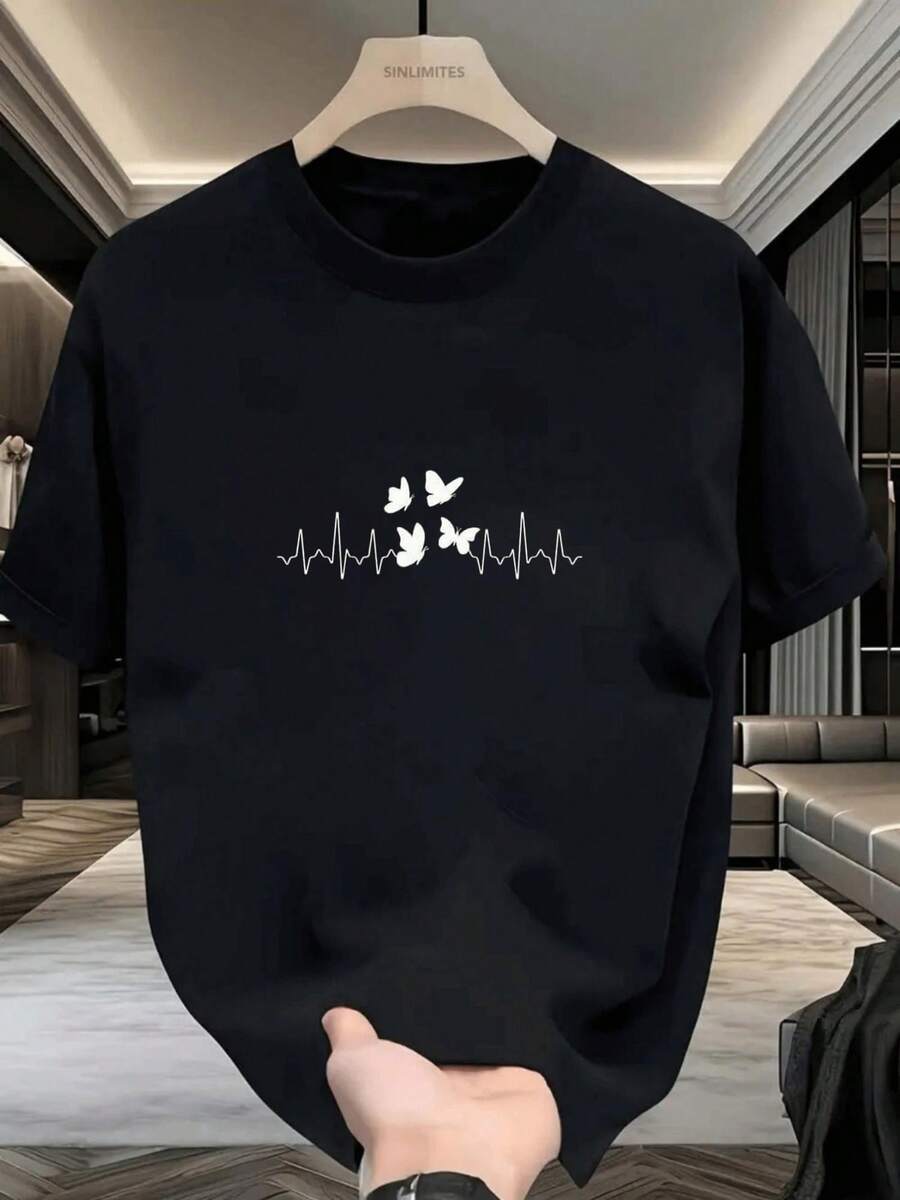 Women's Classic Blouse, Black And White T-Shirt With Butterfly And Heartbeat Print, High-Quality Print, Round Neck, Basic Loose Fit, For Men And Women, Breathable, Versatile, Machine Washable, Comfortable, Sizes S-3XL, Daily Wear, Casual, Sporty, Summer Essential. Summer T-Shirt - 黑色 - 查看 1