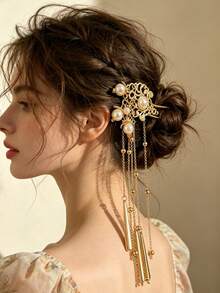 1 Stück U-förmiger Haarstab aus Metall mit Perlen-Inlay und Quaste, elegantes Braut-Haaraccessoire für Hochsteckfrisuren & Zöpfe, Hochzeit & Brautjungfern-Styling - Verschiedenfarbig - Übersicht 5