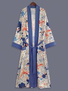 波希米亞花卉復古印花中長版長袖和服外套 薄款女款度假優雅休閒派對罩衫 海灘旅行度假用日式輕量披風外套 側開衩口袋附腰帶家居浴袍 - 藍色 - 查看 1