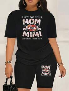Women's Fashion Casual Two-Piece Set With I Have Two Titles Mom And Mimi And I Rock Them Both Floral Text Print, New Casual Round Neck Short Sleeve T-Shirt And Shorts Fashion Set, , Soft Breathable Fabric, Summer Pullover Top - 黑色 - 查看 3