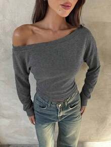 Top de manga larga asimétrico de hombro de punto de color albaricoque para mujer, otoño/invierno - Gris - Ver 5