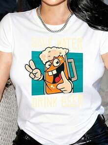 ropa de mujer Camiseta de manga corta con estampado de taza de cerveza de dibujos animados para mujer - Cuello redondo casual, top de moda para todas las estaciones, ideal para ir al trabajo, vacaciones y uso diario, camisetas lindas, camisas de mujer - Blanco - Ver 6