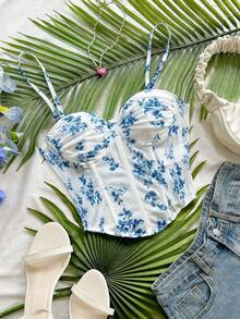 Top de camisola de malla con estampado floral vintage romántico para mujeres, adecuado para vacaciones, citas, té de la tarde, vacaciones, festivales de música, estilo bohemio, primavera/verano - Azul y blanco - Ver 3
