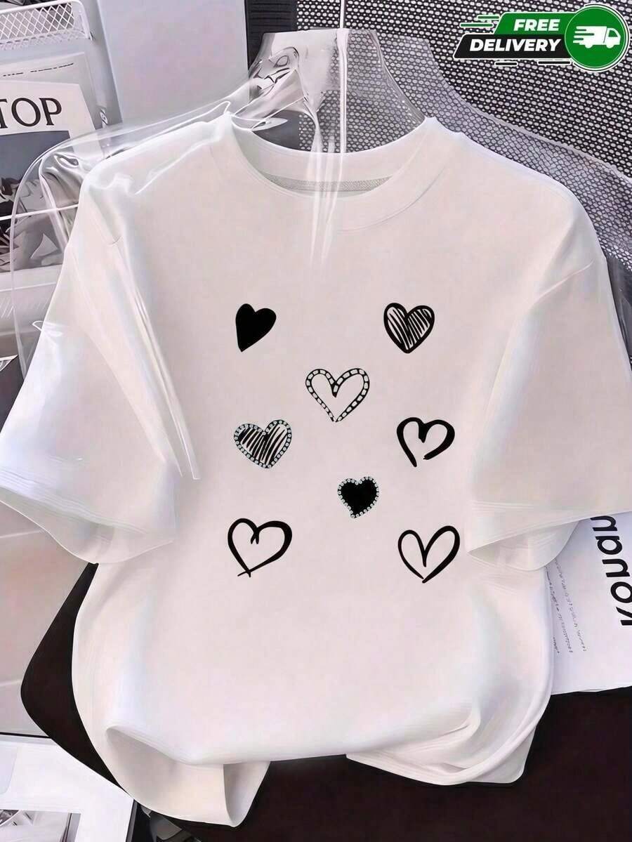 2026 New Cotton-shirtCamiseta de manga corta para mujer, adecuada para uso diario, salidas casuales, vacaciones y fines de semana, con estampado de varios corazones de diferentes diseños (contornos, rellenos, con detalles), cuello redondo, sin bolsillos laterales, sin cremalleras, sin botones, fabricada en poliéster, estilo casual y dulce femenino, para primavera y verano. Envío nacional Algodón ligero - Blanco - Ver 1