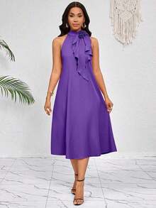 Lady Vestido de longitud media naranja con decoración de volantes florales tridimensionales en el cuello.Elegante y holgado para damas.Ideal para vacaciones de primavera y verano.Estilo bohemio. - Morado - Ver 3