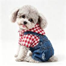 Bộ quần áo bốn chân kẻ sọc cho thú cưng, kiểu quần yếm denim, trang phục mùa xuân/hè cho thú cưng. - Màu Hoa hồng đỏ - Xem 4